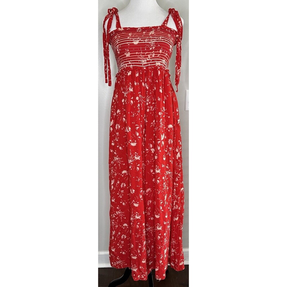 Free People Color My World Jumpsuit Red White Floral Wide Flare Size XS Coastal